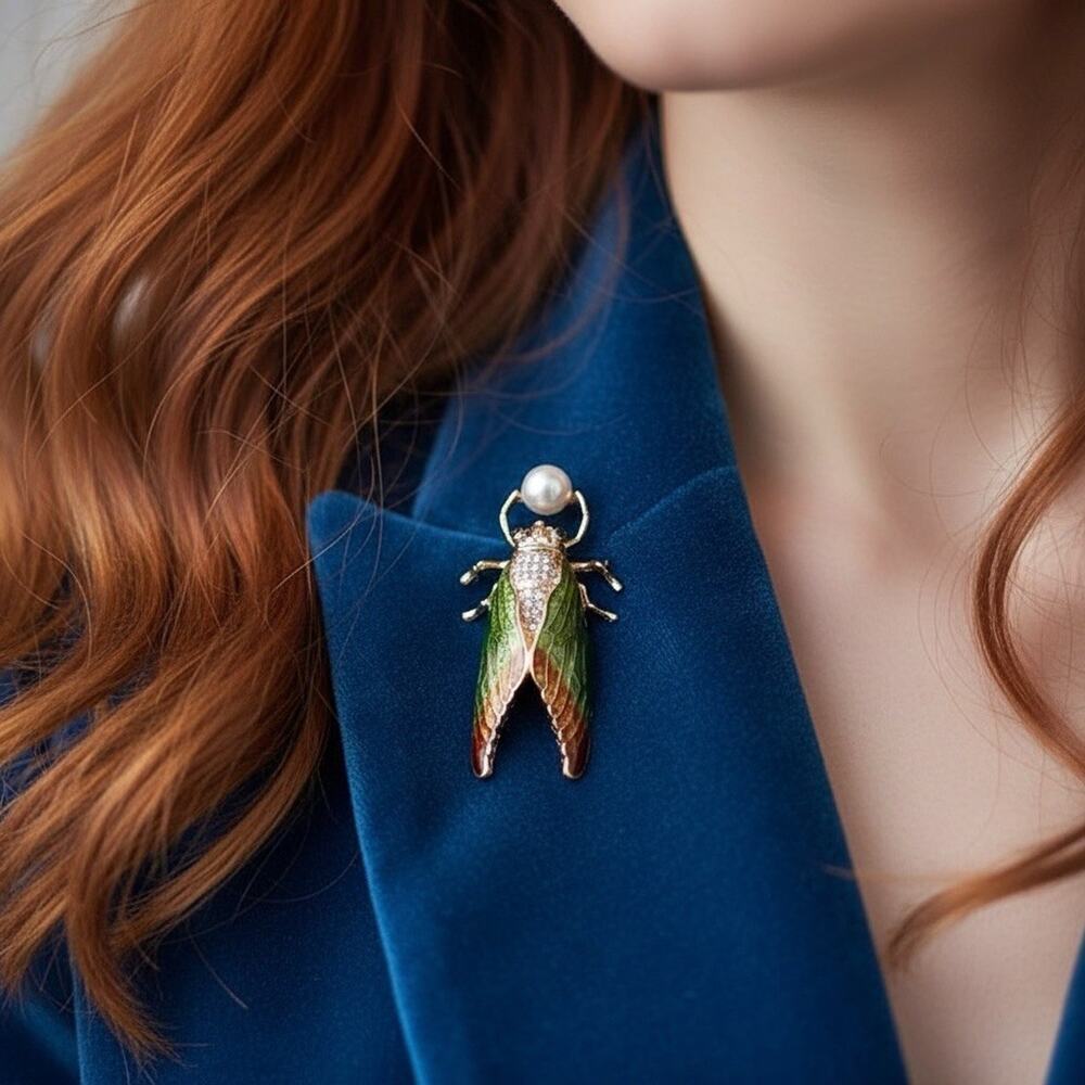 Cicada Brooch Pin Pearl Gold CZ Museum Art Scarab Wings VTG Beetle Insect Boho